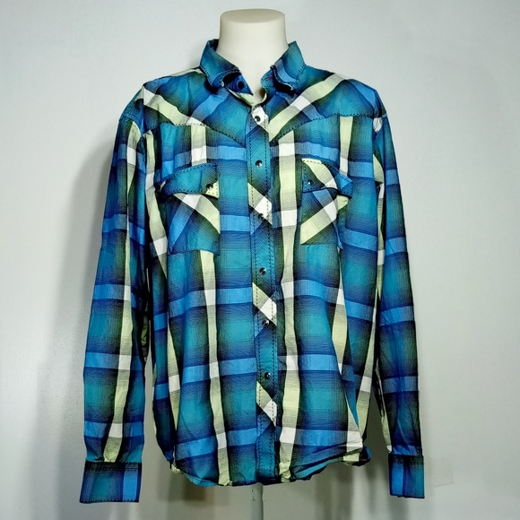 Wrangler Western Blue Plaid Snap Down Shirt Sz XXL - Picture 4 of 6